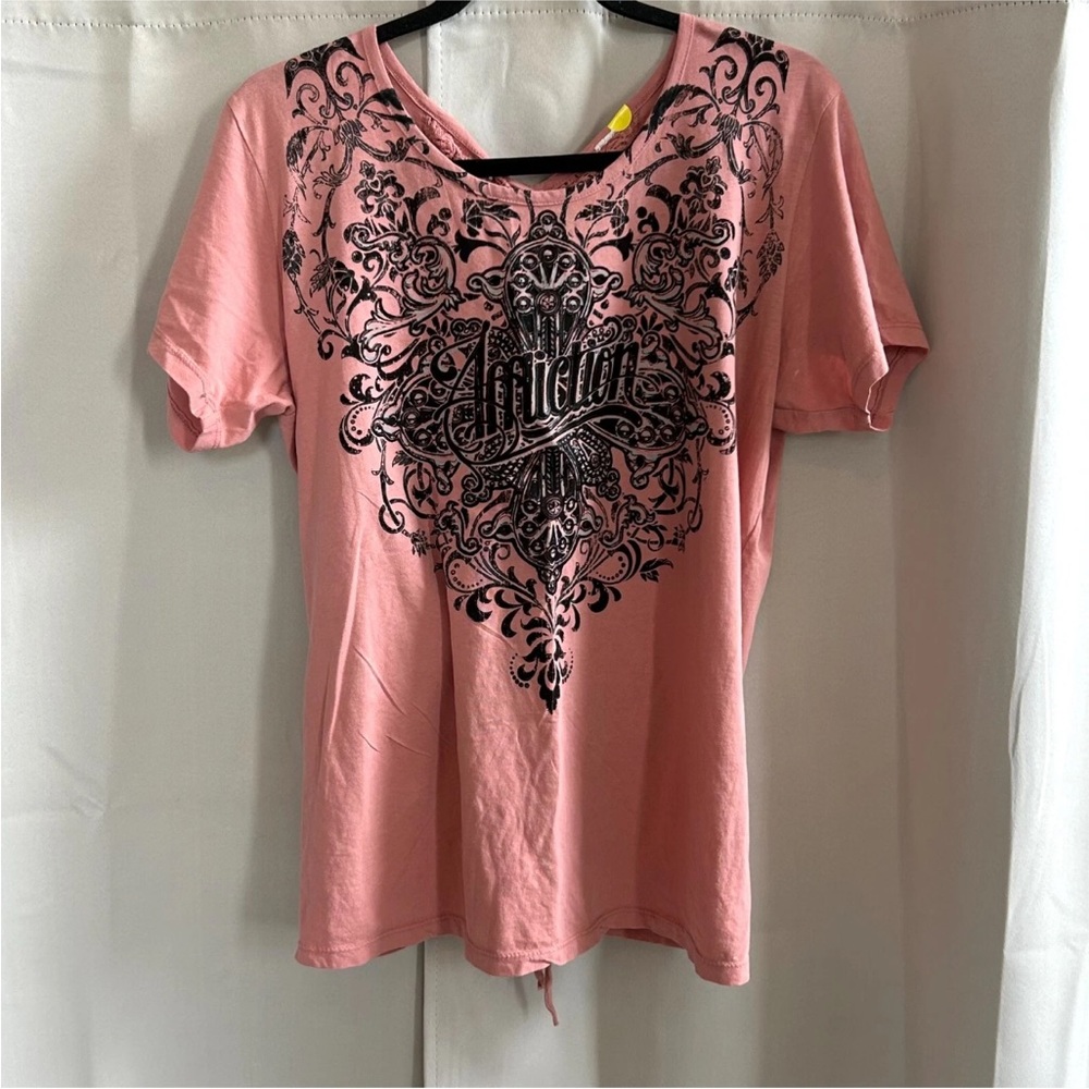 Affliction Pink Short Sleeve Tee with Black Graphic